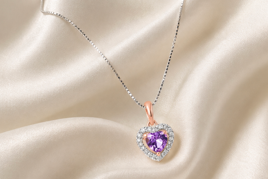 Dije Corazón Oro Rosa 10K 6Pts Diamante Y Amatista ASP0-1DR